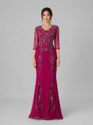 V-Neck Silver Beaded Split Mermaid Evening Dress