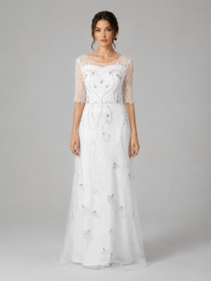 Floral Beaded Boat Neck Mesh Sleeve Sheath Long Evening Gown