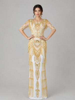 Fringe Beaded Square Neck Mesh Sleeve Mermaid Long Evening Gown