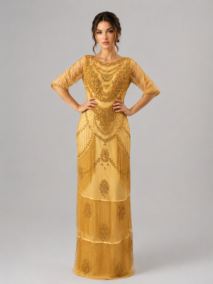 Art Deco Beaded Fringe Mid-Sleeve Long Evening Gown