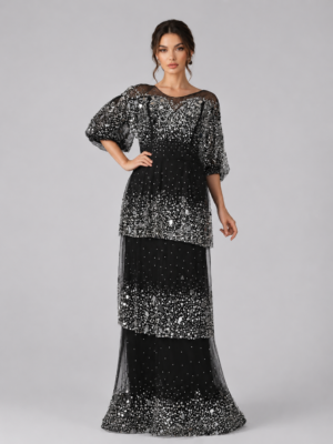 Sheer Neck Tiered Beaded Mermaid Gala Dress with Bubble Sleeves