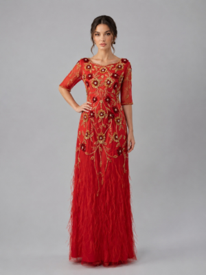 Feather Floral Beaded Long Formal Gown