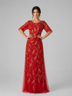 Leaf Beaded Mesh Maxi Party Gown