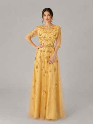 Floral Beaded Tulle Floor-Length Gown