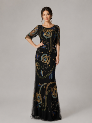 Ornate Multi-Tone Beaded Floor-Length Occasion Dress