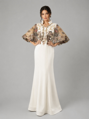 Vintage Floral Stand Collar Satin Mermaid Evening Gown