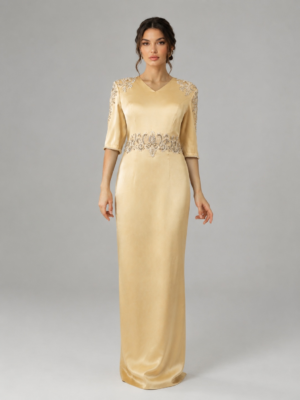 Beaded Shoulder Waist Satin Column Evening Dress