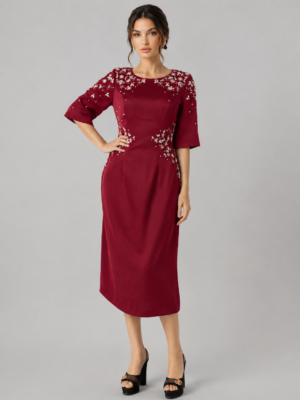 Half Sleeve Floral Rhinestone Formal Midi Dress