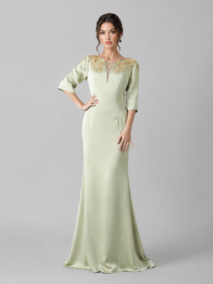 Half Sleeve Satin Beaded Mermaid Evening Dress