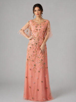 Floral Beaded Mesh Gala Dress