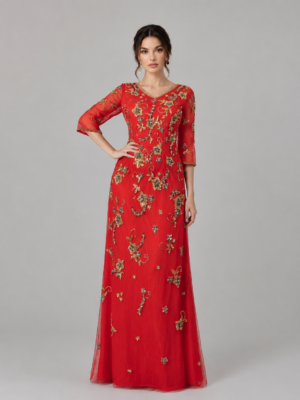 Gold Floral Beaded Mesh Gala Gown