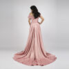Dusty rose off-shoulder mermaid dress with ruched bodice, draped skirt, and satin train