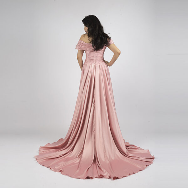 Dusty rose off-shoulder mermaid dress with ruched bodice, draped skirt, and satin train