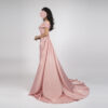 Dusty rose off-the-shoulder satin gown with ruched bodice, draped skirt, and trailing train