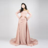 Blush pink off-the-shoulder mermaid gown with ruched waist, long flared sleeves, and satin train
