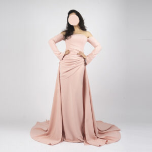 Blush pink off-the-shoulder mermaid gown with ruched waist, long flared sleeves, and satin train