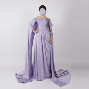 Elegant Lavender Off-Shoulder Gown with Flowing Cape Sleeves