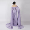 Lavender Satin Off-Shoulder Gown with Flowing Cape Sleeves and Train
