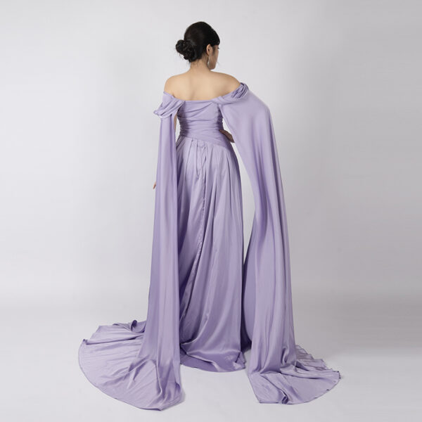 Lavender Satin Off-Shoulder Gown with Flowing Cape Sleeves and Train