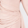 Luxury blush pink off-the-shoulder gown with ruched waist, long flared sleeves, mermaid skirt, and train