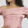 Luxury dusty rose off-the-shoulder gown with pleated shoulders, ruched waist, draped skirt, and train