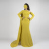 Luxury Mustard Yellow One-Shoulder Evening Gown with Cape