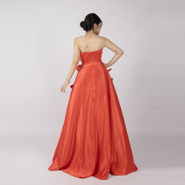 Strapless Red Satin Formal Gown with Floral Appliqué and Ruffle Embellishments