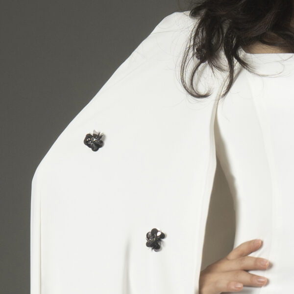 Luxury White Cape Gown with Black Floral Accents for Formal Events