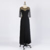 Elegant Black Evening Gown with Gold Beaded Neckline and Sheer Bell Sleeves - Formal Maxi Dress with Chiffon Drape