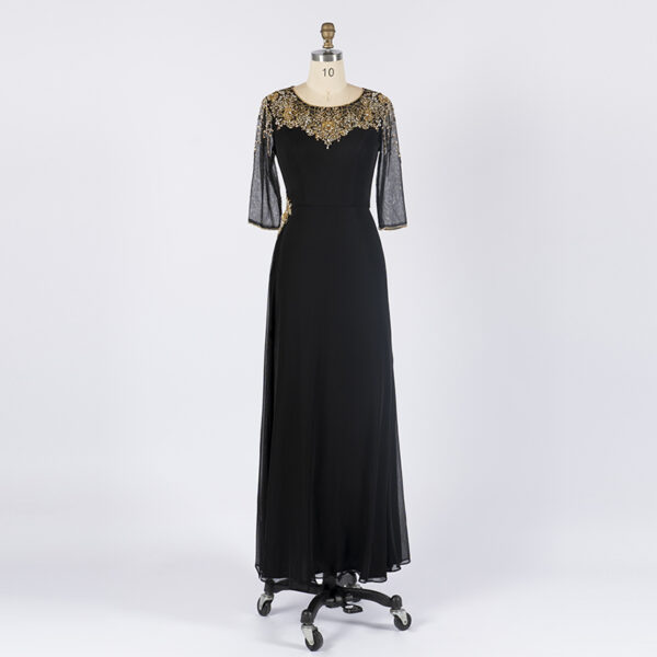 Elegant Black Evening Gown with Gold Beaded Neckline and Sheer Bell Sleeves - Formal Maxi Dress with Chiffon Drape