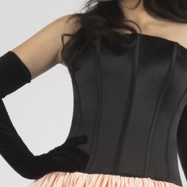 Minimalist Strapless Black Corset & Blush Pink Satin Ball Gown