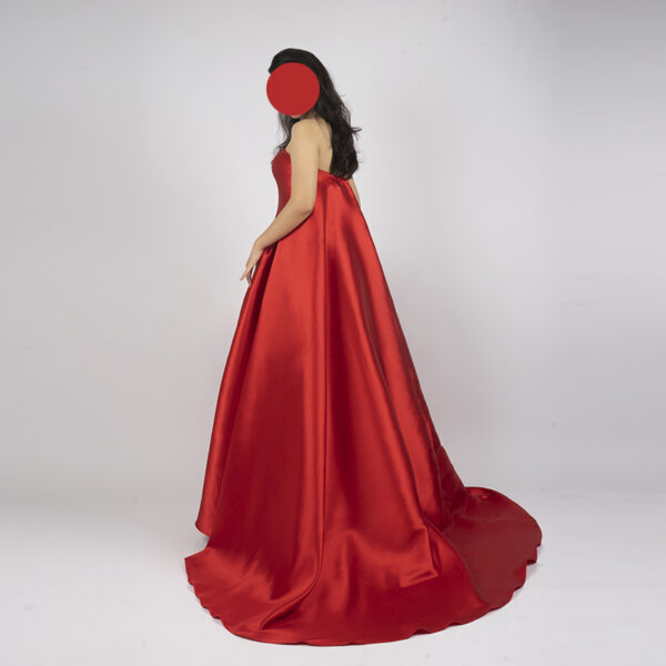 Minimalist Strapless Red Satin Ball Gown with Court Train