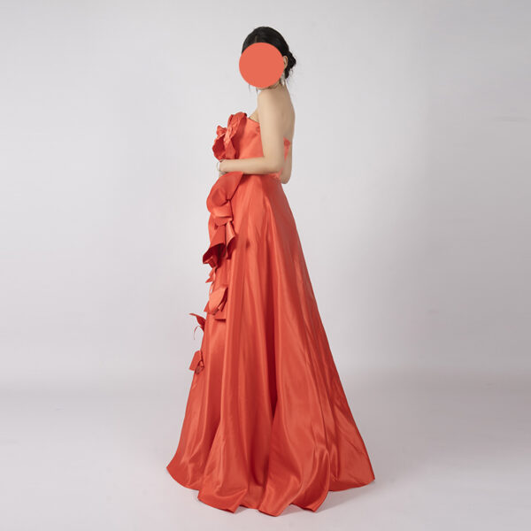 Red Satin Ball Gown with Strapless Floral Bust and Asymmetrical Ruffle Skirt
