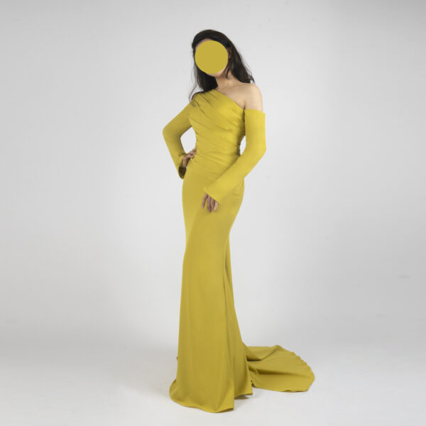 Modest Mustard Yellow One-Shoulder Evening Gown with Cape
