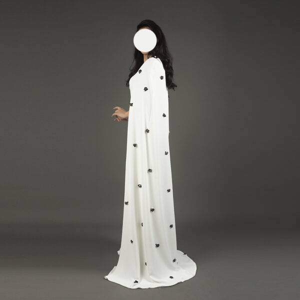 Modest White Formal Gown with Cape and Black Floral Appliqués