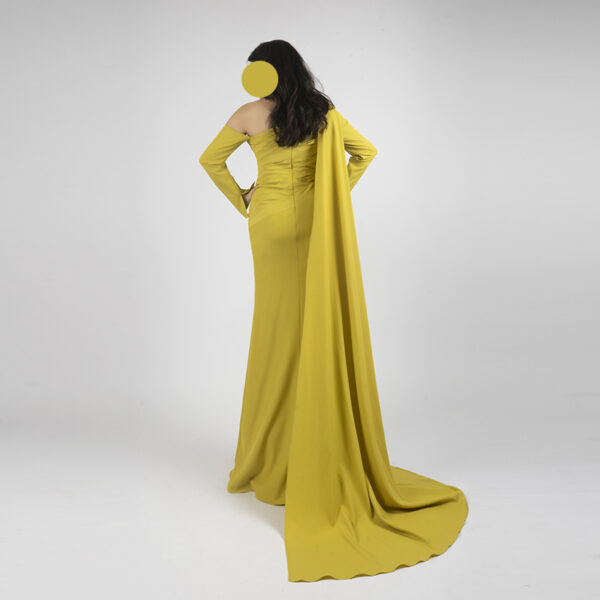 Mustard Yellow Crepe Mermaid Gown with One-Shoulder Cape Detail