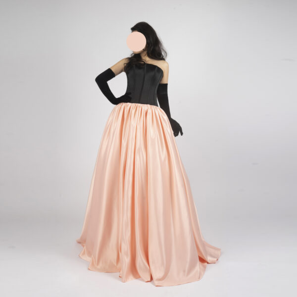 Dramatic Strapless Ball Gown – Black Corset & Blush Pink Satin Skirt