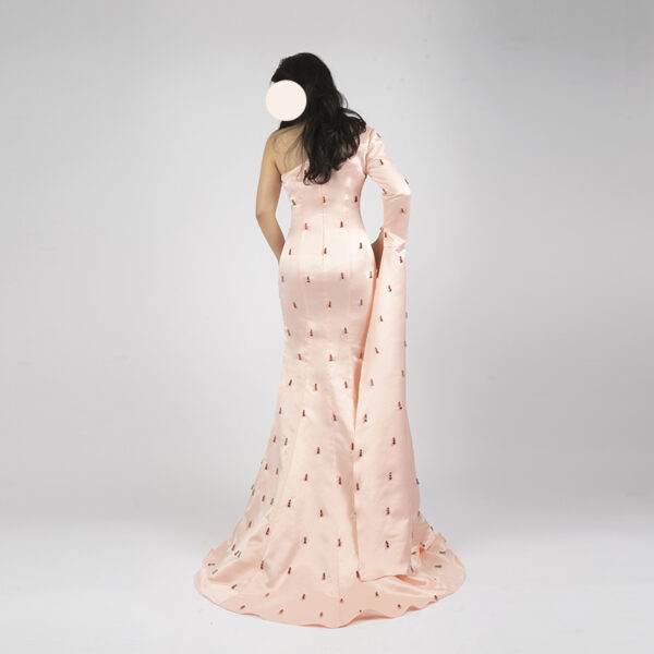 Dramatic Blush Pink One-Shoulder Mermaid Gown with Red Beaded Details