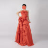 Elegant Strapless Red Satin Evening Gown with 3D Floral Bodice and Ruffle Details
