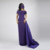 Glamorous deep violet off-the-shoulder satin maxi gown with corset waist and floor-length side train, formal evening wear for women.