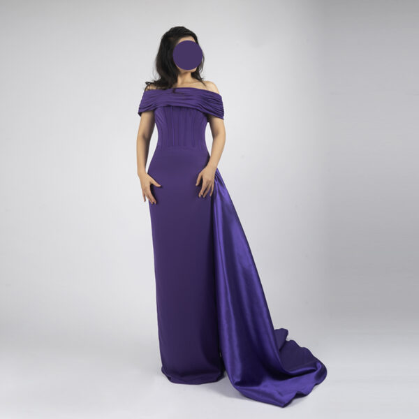 Glamorous deep violet off-the-shoulder satin maxi gown with corset waist and floor-length side train, formal evening wear for women.