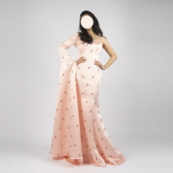 Blush Pink Satin One-Shoulder Mermaid Gown with Red Beaded Embellishments