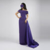 Elegant deep purple off-the-shoulder satin floor-length gown with structured corset waist and flowing side train, perfect for formal galas and evening events.