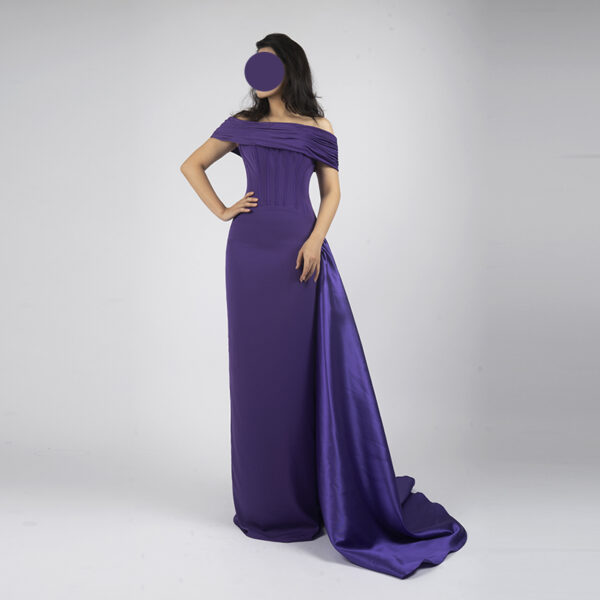 Elegant deep purple off-the-shoulder satin floor-length gown with structured corset waist and flowing side train, perfect for formal galas and evening events.