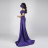 Stunning purple satin off-the-shoulder evening dress with corset detailing and floor-length side sweep train, formal wear for special occasions.