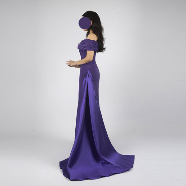 Stunning purple satin off-the-shoulder evening dress with corset detailing and floor-length side sweep train, formal wear for special occasions.