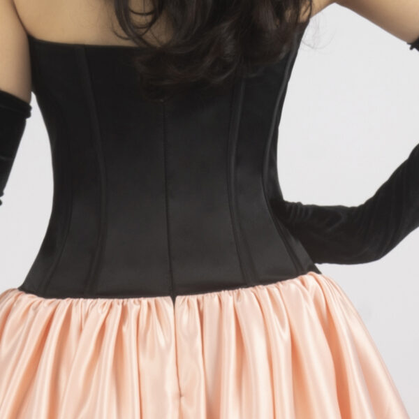 Blush Pink Satin Ball Gown with Black Strapless Corset – Prom Dress