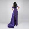 Elegant purple satin off-the-shoulder formal gown with corset detailing and floor-length side sweep, ideal for prom, galas, and evening events.
