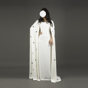 Elegant White Mermaid Evening Gown with Cape and Black Floral Embellishments