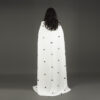 White Mermaid Gown with Flowing Cape and Hand-Sewn Black Floral Details